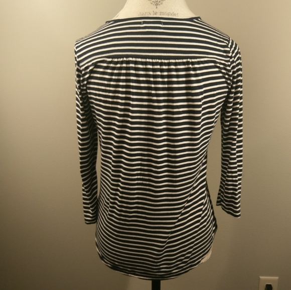 Blue and white striped 3/4 sleeve button neck top - Picture 2 of 5